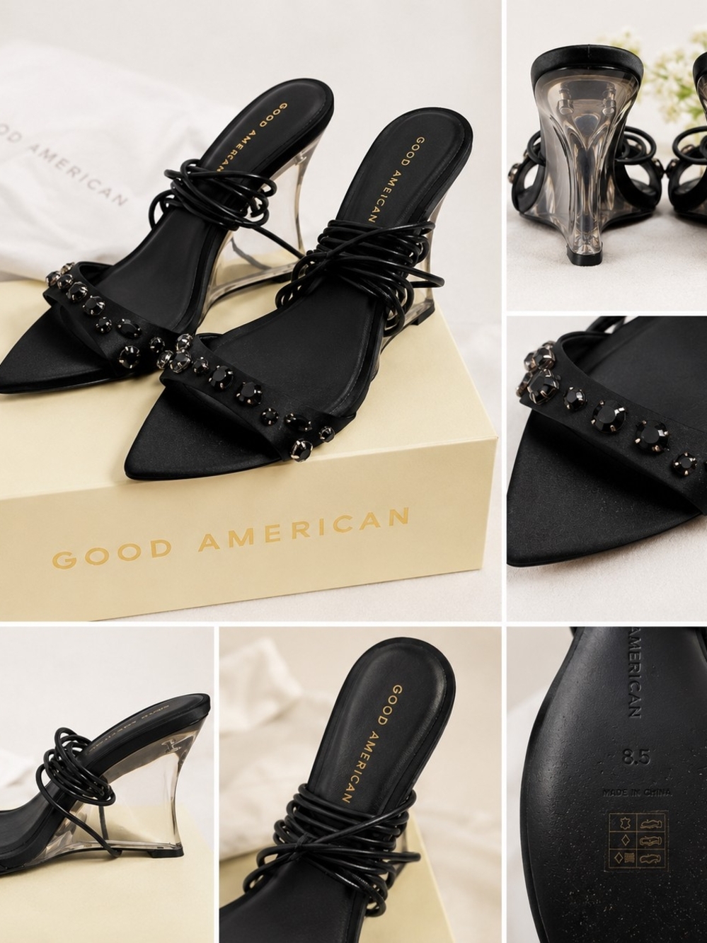 Good American Black Beaded Clear-Wedge Slide Heels